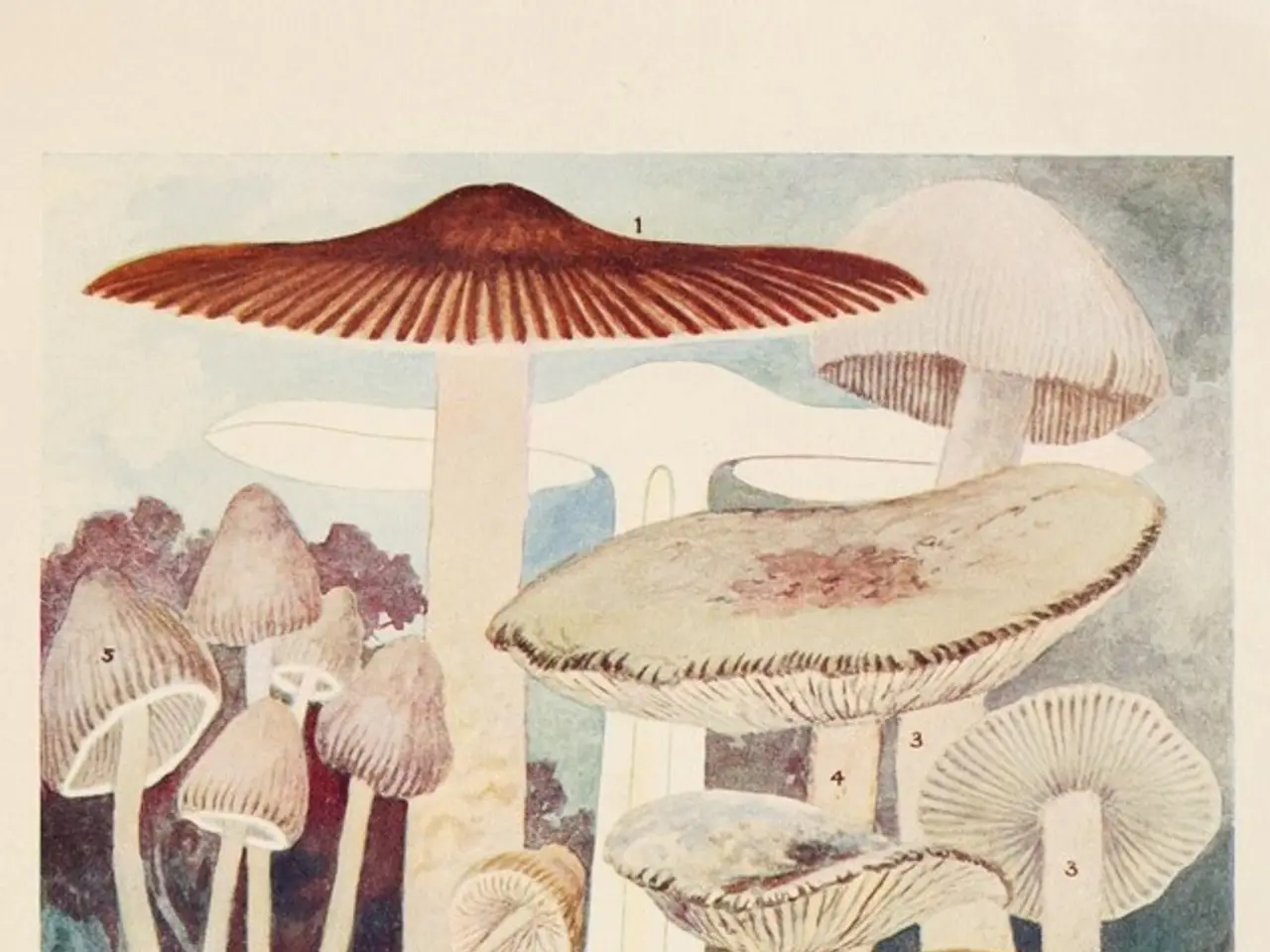 This might be a painting in this image in the center there are some mushrooms and at the bottom...