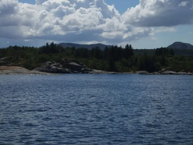 In this image I can see the water in blue color. In the background I can see many trees, mountains,...