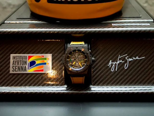 In this image we can see a watch, logo and a signature.