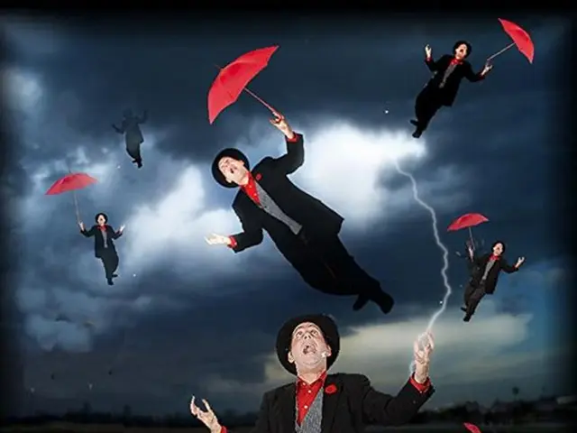 This an edited image in which there are images of a person holding a umbrella.