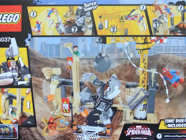 In this picture I can see buildings, the sky, toys, logos and some other pictures. I can also see...