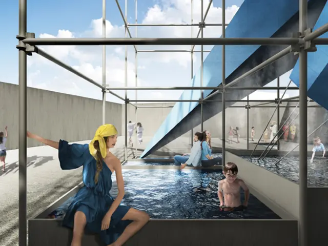 In this image there is a swimming pool in the middle. In the pool there is a kid. At the top there...