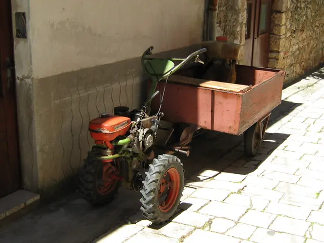 In this image there is a tractor with a trolley on the road surface, beside the tractor there is a...