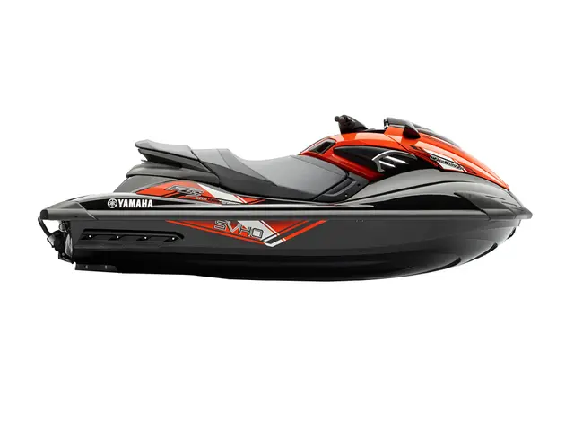 In the picture we can see a jet ski bike with a brand Yamaha on it and it is orange in color and...