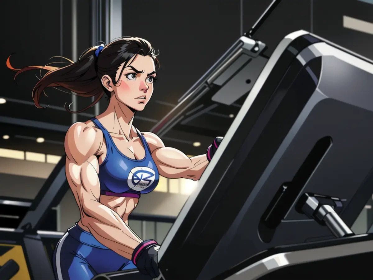 Individual engaging in treadmill exercise at a fitness center. Discussion of physical fitness and...