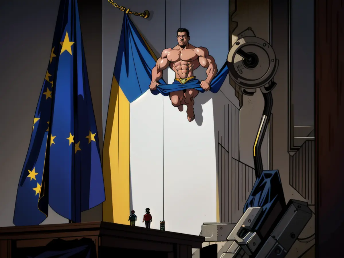 A person clad in a white coat is positioned before the flags of the EU and Ukraine.