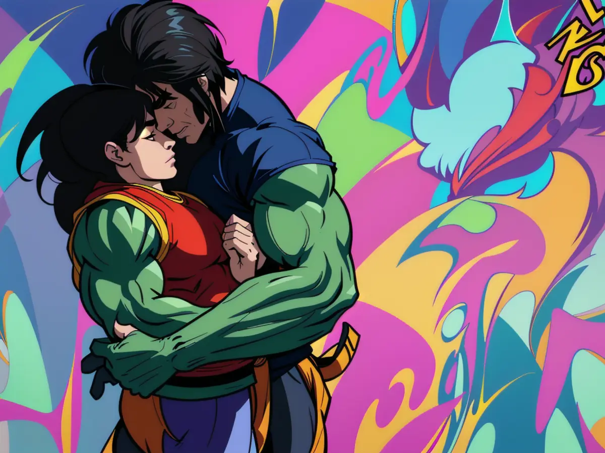 Title: Embracing Love in Vibrant Hues: A Stunning Digital Artwork of Two Lovers